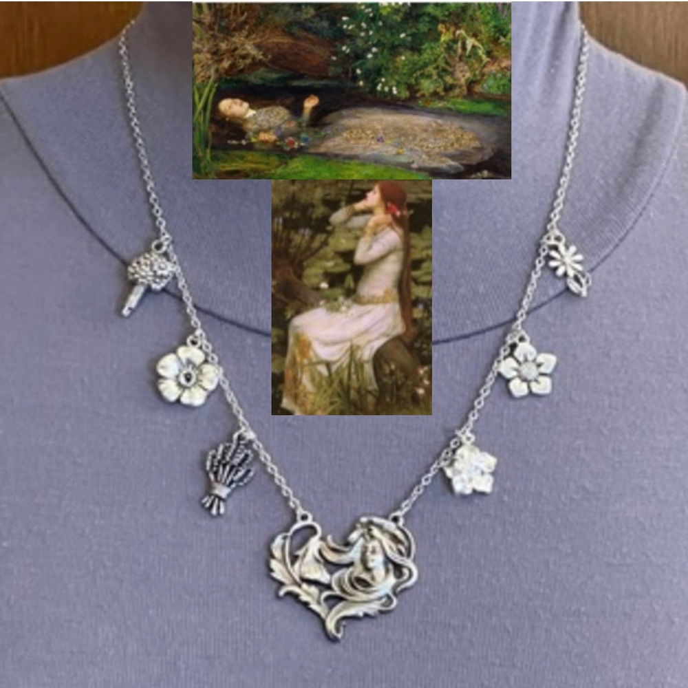 Ophelia's Flowers Handmade Silver Charm Necklace, Hamlet by William Shakespeare